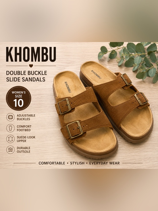 Shoes - Khombu Brown Suede Double Buckle Slide Sandals Women’s Size 10